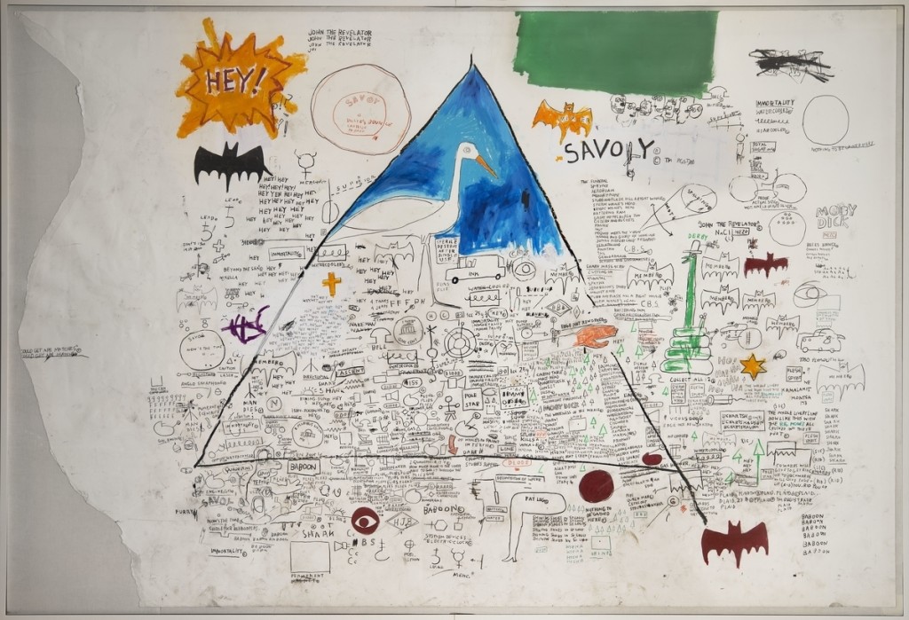 Abb. 1: Jean-Michel Basquiat, Untitled, 1986, Acryl, Collage und Oilstick auf Papier auf Leinwand, 239x346,5cm, Collection of Larry Warsh.